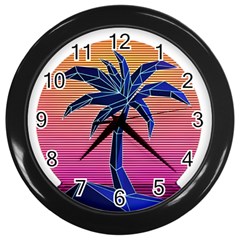 Abstract 3d Art Holiday Island Palm Tree Pink Purple Summer Sunset Water Wall Clock (black) by Cemarart