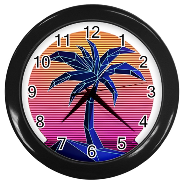 Abstract 3d Art Holiday Island Palm Tree Pink Purple Summer Sunset Water Wall Clock (Black)