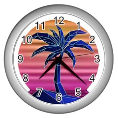 Abstract 3d Art Holiday Island Palm Tree Pink Purple Summer Sunset Water Wall Clock (silver) by Cemarart