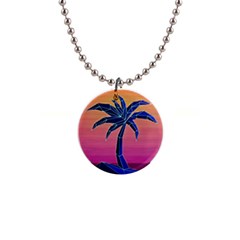 Abstract 3d Art Holiday Island Palm Tree Pink Purple Summer Sunset Water 1  Button Necklace by Cemarart