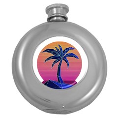 Abstract 3d Art Holiday Island Palm Tree Pink Purple Summer Sunset Water Round Hip Flask (5 Oz) by Cemarart