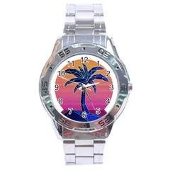 Abstract 3d Art Holiday Island Palm Tree Pink Purple Summer Sunset Water Stainless Steel Analogue Watch