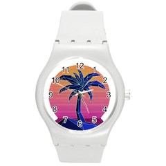 Abstract 3d Art Holiday Island Palm Tree Pink Purple Summer Sunset Water Round Plastic Sport Watch (m) by Cemarart