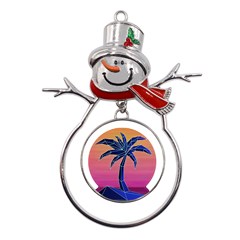 Abstract 3d Art Holiday Island Palm Tree Pink Purple Summer Sunset Water Metal Snowman Ornament by Cemarart