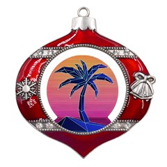 Abstract 3d Art Holiday Island Palm Tree Pink Purple Summer Sunset Water Metal Snowflake And Bell Red Ornament by Cemarart