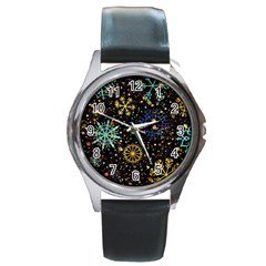 Gold Teal Snowflakes Round Metal Watch by Grandong