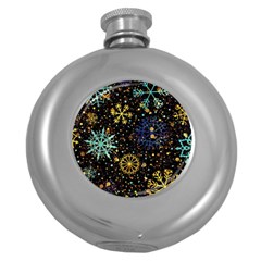 Gold Teal Snowflakes Round Hip Flask (5 Oz) by Grandong