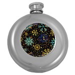 Gold Teal Snowflakes Round Hip Flask (5 oz) Front