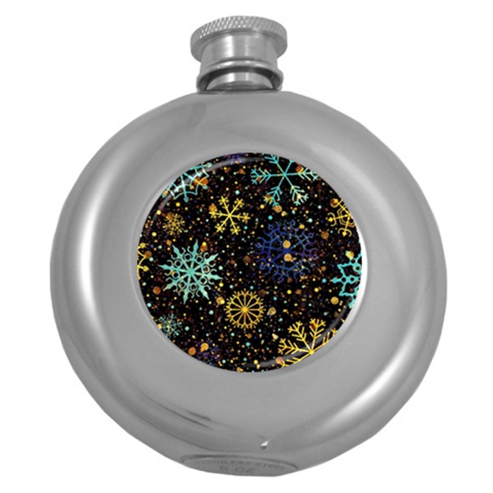 Gold Teal Snowflakes Round Hip Flask (5 oz)