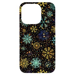 Gold Teal Snowflakes Iphone 14 Pro Black Uv Print Case by Grandong