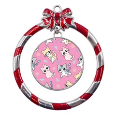 Cute Animal Little Cat Seamless Pattern Metal Red Ribbon Round Ornament by Grandong