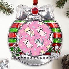 Cute Animal Little Cat Seamless Pattern Metal X mas Ribbon With Red Crystal Round Ornament by Grandong