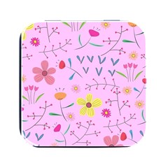 Pink Flowers Pattern Square Metal Box (black) by Grandong