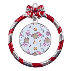 Pusheen Cat Cute Metal Red Ribbon Round Ornament by Grandong