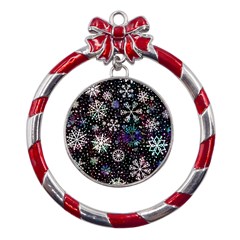 Shiny Winter Snowflake Metal Red Ribbon Round Ornament by Grandong