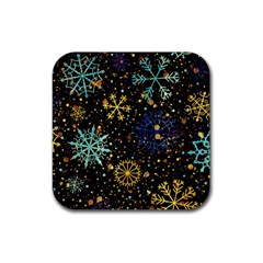 Gold Teal Snowflakes Rubber Coaster (square) by Grandong