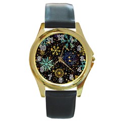 Gold Teal Snowflakes Round Gold Metal Watch by Grandong