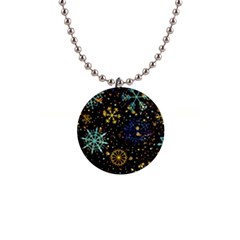 Gold Teal Snowflakes 1  Button Necklace by Grandong