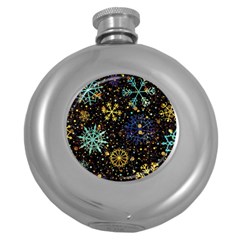 Gold Teal Snowflakes Round Hip Flask (5 Oz) by Grandong