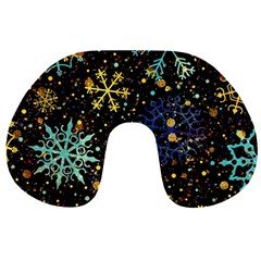 Gold Teal Snowflakes Travel Neck Pillow by Grandong