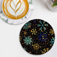 Gold Teal Snowflakes Uv Print Round Tile Coaster by Grandong