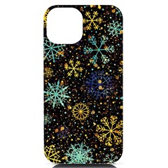 Gold Teal Snowflakes Iphone 14 Black Uv Print Case by Grandong