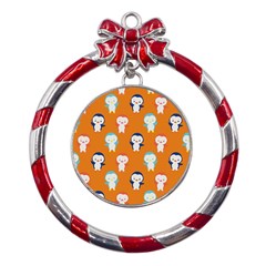 Cute Penguin Funny Pattern Metal Red Ribbon Round Ornament by Grandong