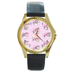 Unicorn Clouds Colorful Cute Pattern Sleepy Round Gold Metal Watch by Grandong