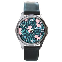 Cat Cute Flowers Leaves Pattern Round Metal Watch by Grandong