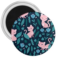 Cat Cute Flowers Leaves Pattern 3  Magnets by Grandong