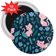 Cat Cute Flowers Leaves Pattern 3  Magnets (10 Pack)  by Grandong