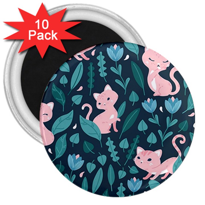 Cat Cute Flowers Leaves Pattern 3  Magnets (10 pack) 