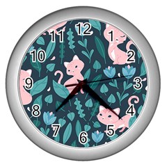 Cat Cute Flowers Leaves Pattern Wall Clock (silver) by Grandong