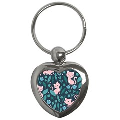 Cat Cute Flowers Leaves Pattern Key Chain (heart) by Grandong