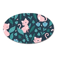 Cat Cute Flowers Leaves Pattern Oval Magnet