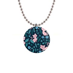 Cat Cute Flowers Leaves Pattern 1  Button Necklace by Grandong