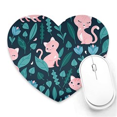 Cat Cute Flowers Leaves Pattern Heart Mousepad by Grandong