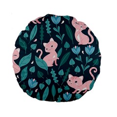 Cat Cute Flowers Leaves Pattern Standard 15  Premium Round Cushions by Grandong