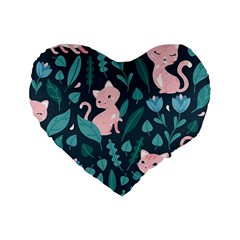 Cat Cute Flowers Leaves Pattern Standard 16  Premium Heart Shape Cushions by Grandong