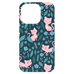 Cat Cute Flowers Leaves Pattern Iphone 14 Pro Black Uv Print Case by Grandong