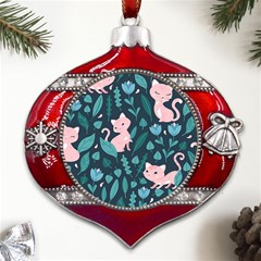 Cat Cute Flowers Leaves Pattern Metal Snowflake And Bell Red Ornament by Grandong