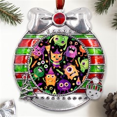 Fun Halloween Monsters Metal X mas Ribbon With Red Crystal Round Ornament by Grandong