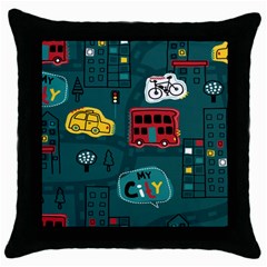 Seamless Pattern Hand Drawn With Vehicles Buildings Road Throw Pillow Case (black) by Grandong