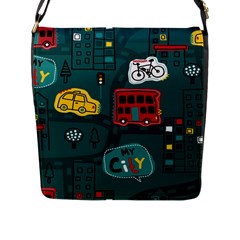 Seamless Pattern Hand Drawn With Vehicles Buildings Road Flap Closure Messenger Bag (l) by Grandong