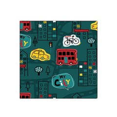 Seamless Pattern Hand Drawn With Vehicles Buildings Road Satin Bandana Scarf 22  X 22  by Grandong