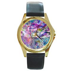 Fuchsia On Turquoise Flow Round Gold Metal Watch by kaleidomarblingart