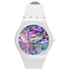 Fuchsia On Turquoise Flow Round Plastic Sport Watch (m) by kaleidomarblingart