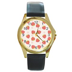 Strawberries Pattern Design Round Gold Metal Watch by Grandong