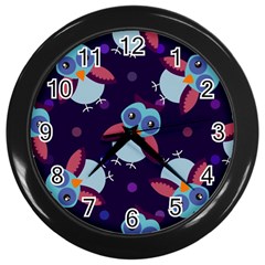 Owl Pattern Background Wall Clock (black) by Grandong