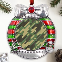 Camouflage Pattern Background Metal X mas Ribbon With Red Crystal Round Ornament by Grandong